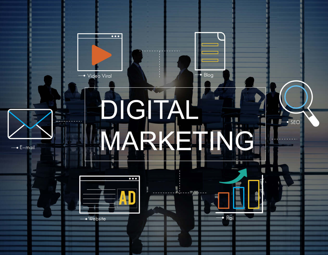people shaking hands after successful digital marketing campaign and digital marketing written in white color 